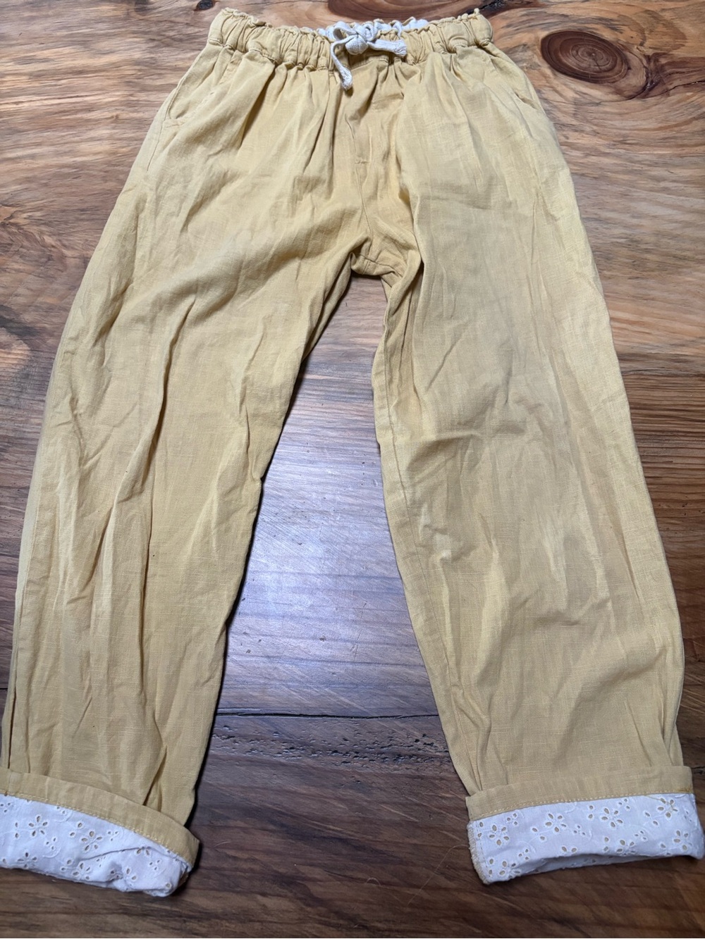 Portugal Handmade Yellow Drawstring Cotton Linen Pants w/ Eyelet Cuffs sz S